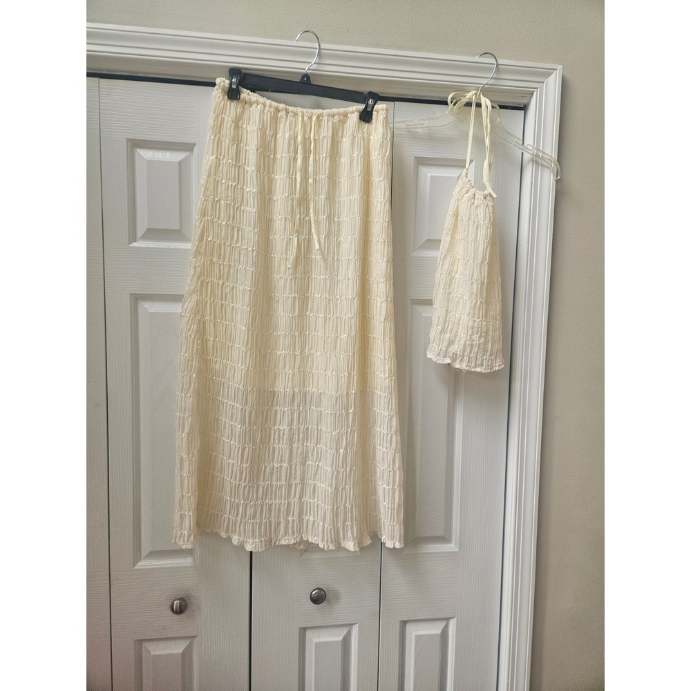 Cream Textured Two Piece Set Maxi Skirt and Halter Top Boho Summer Ensemble
